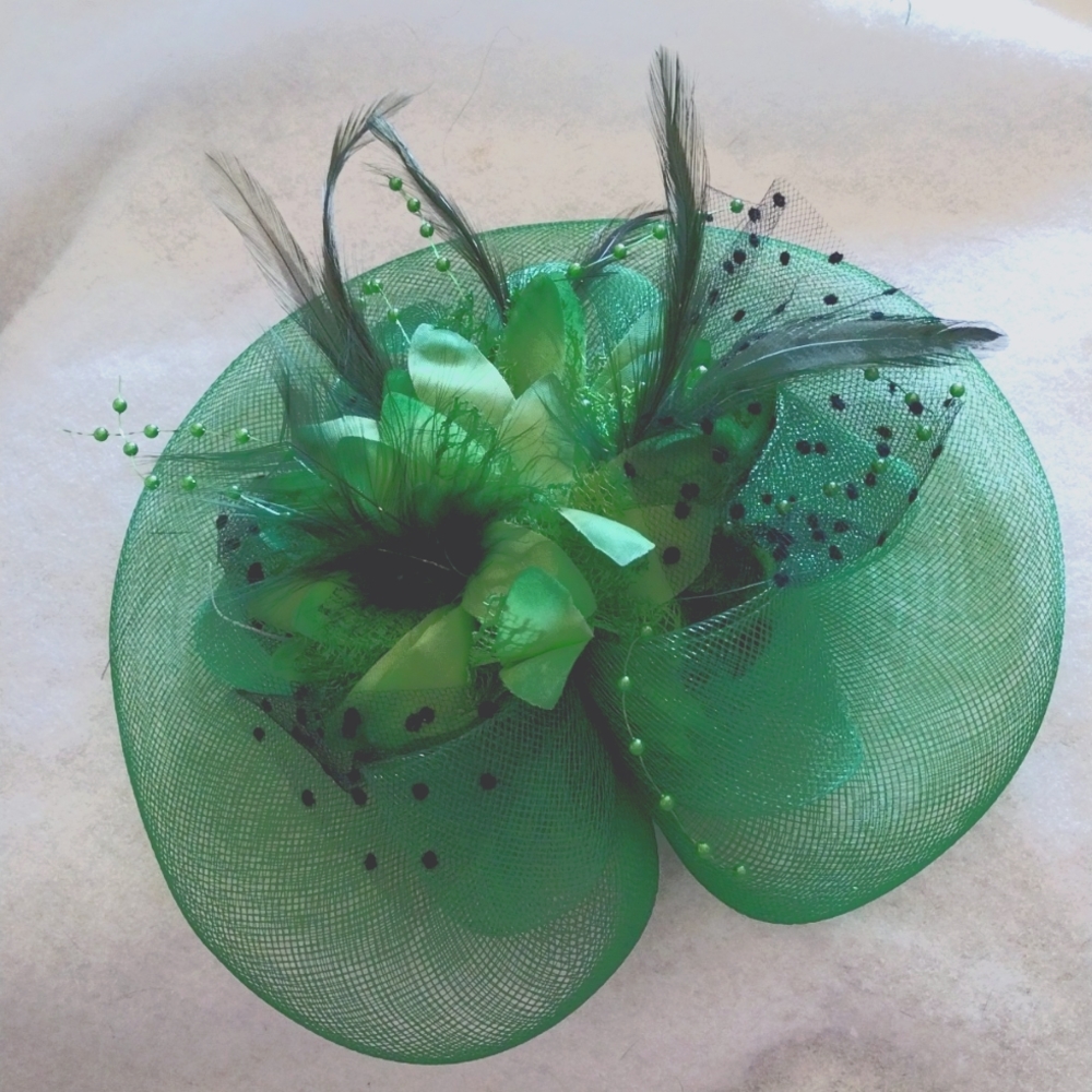 Beautiful Green Feathers & Beads Fascinator Kentucky Derby Church